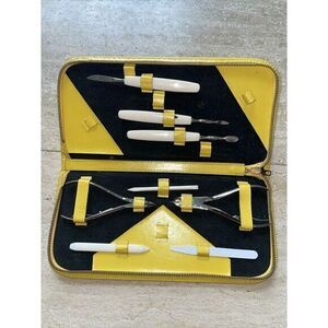 Griffon Vtg 50s Germany‎ Yellow Leather Case Nail Grooming Kit Manicure